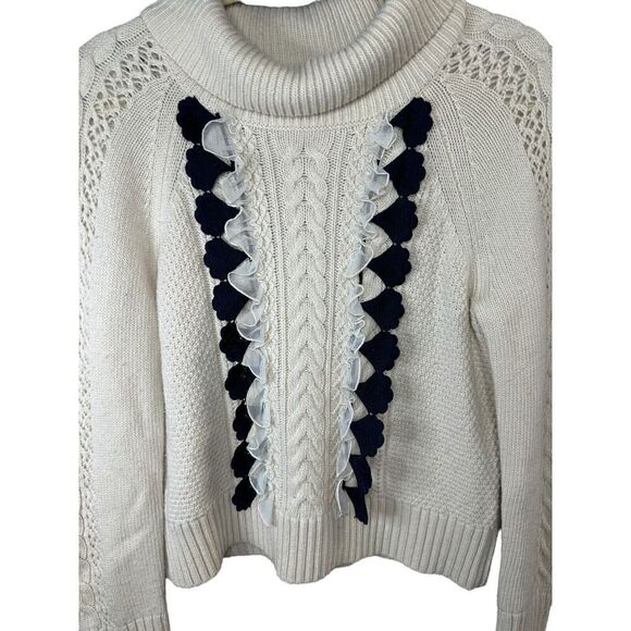 J Crew Cream wool blend cable knit sweater with navy ruffles XS - Picture 4 of 11